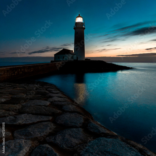 Faro esperando el amanecer con un mar tranquilo photo