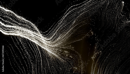 Abstract flowing fluid white light particles on black background with copy space for text in concept technology, science, space, universe.