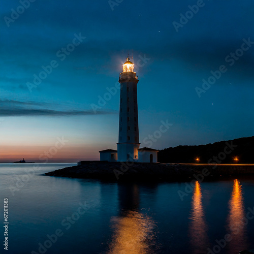 Faro iluminando a un tranquilo mar justo antes del amanecer