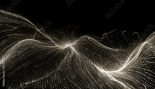 Abstract flowing fluid white light particles on black background with copy space for text in concept technology, science, space, universe.