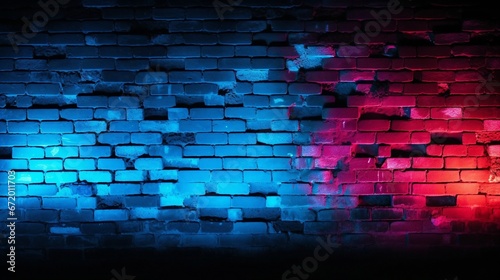 brick wall texture illuminated by the mesmerizing glow of pink orange and blue neon lights  