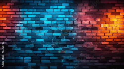 Rough brick wall texture illuminated by the mesmerizing glow of yellow orange and blue neon lights  abstract colorful background