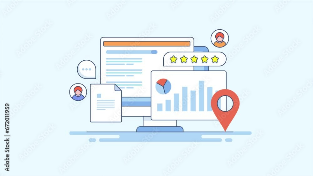 SEO data analytics dashboard tracking website ranking, visitors engagement rate, customer review and business location map listing, generating report for company, video animation 2d clip. SEO data analytics dashboard tracking website ranking, visitors engagement rate, customer review and business location map listing, generating report for company, video animation 2d clip.