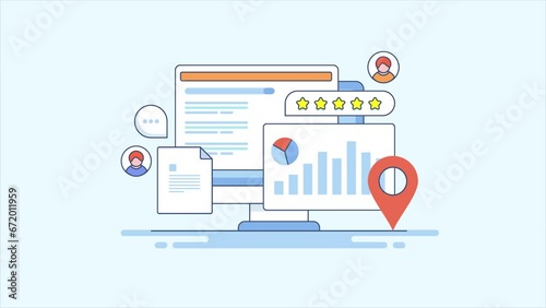 SEO data analytics dashboard tracking website ranking, visitors engagement rate, customer review and business location map listing, generating report for company, video animation 2d clip. photo