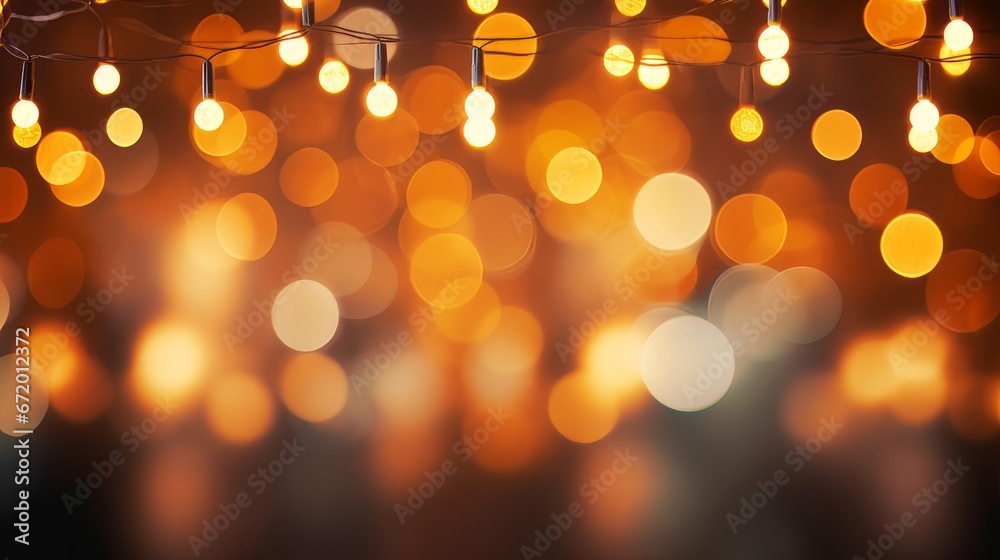 A warm and festive background of orange bokeh lights with a string of lights in the foreground. The lights create a cozy and cheerful atmosphere.