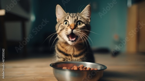 A small kitten sits near an iron bowl with dry food.