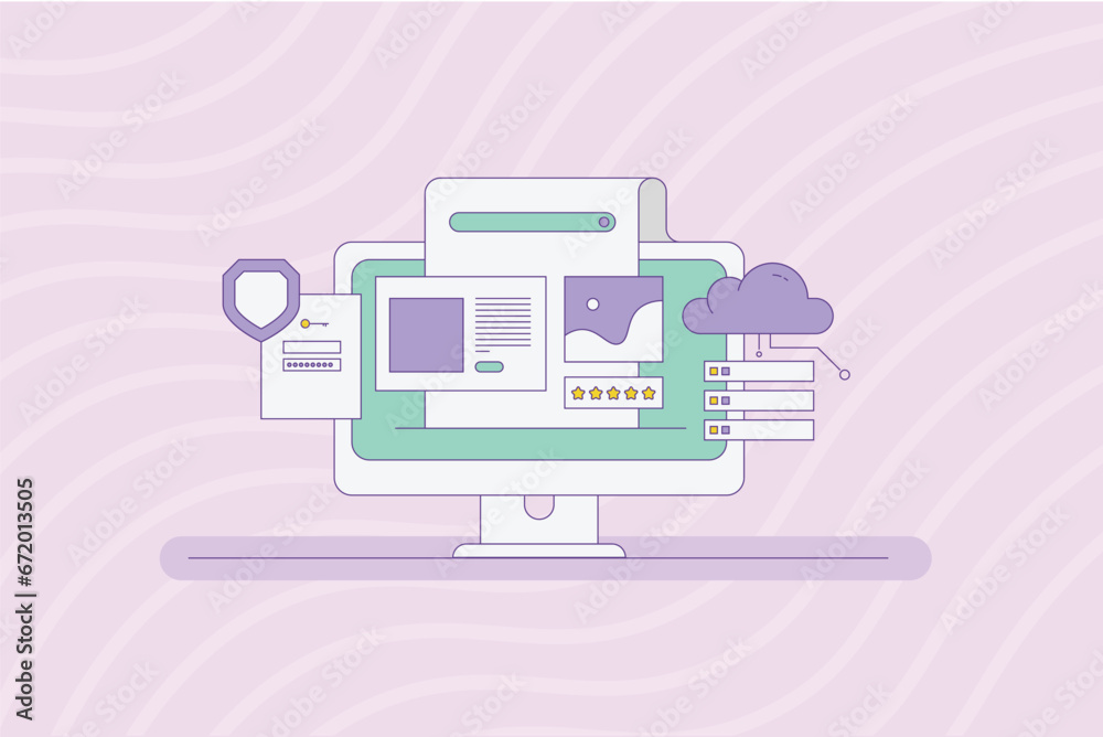 Cloud web hosting, web hosting technology, cloud storage, Website hosted on cloud server, cloud data security, vector illustration background Cloud web hosting, web hosting technology, cloud storage, Website hosted on cloud server, cloud data security, vector illustration background