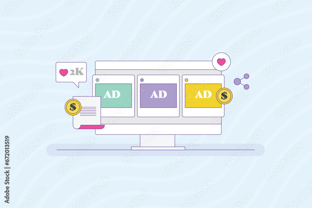 Social media advertising for brand building, Social media strategy, Likes, share, love, running sponsored ad on social network, vector illustration background