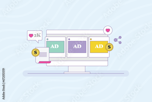 Social media advertising for brand building, Social media strategy, Likes, share, love, running sponsored ad on social network, vector illustration background