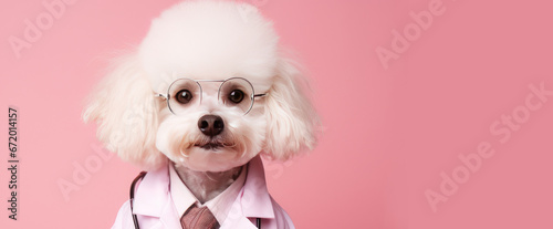 White dog with a stethoscope and a doctor's suit on a pink background. Banner photo