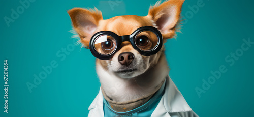 A dog with glasses, a stethoscope and a doctor's suit on a blue background. Pet care and grooming concept. Banner