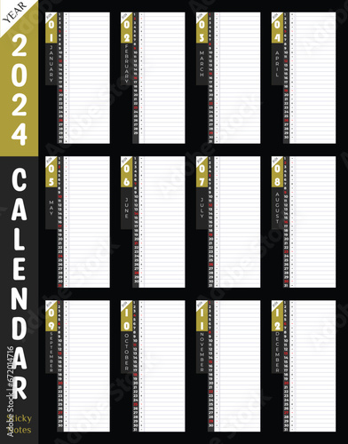 Corporate Calendar 2024. Premium wall or desk print ready design with day planner sticky note column. Dark background Use as productivity tools. Best Modern corporate vector notes planner template.