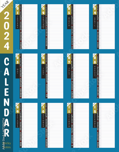 2024 Calendar premium printable wall or desk suitable. Nice cg blue color background. Use as productivity tools. Best corporate vector notes planner template.