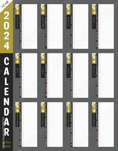 2024 Calendar premium wall or desk printable with day planner sticky note column. Nice dim gray color background. Productivity tools for corporate use vector notes planner template.