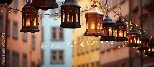 During the winter Christmas season in the renowned fairytale town of Heidelberg in the southwest region of Baden Wurttemberg Germany you can spot charming old fashioned lanterns adorning th photo