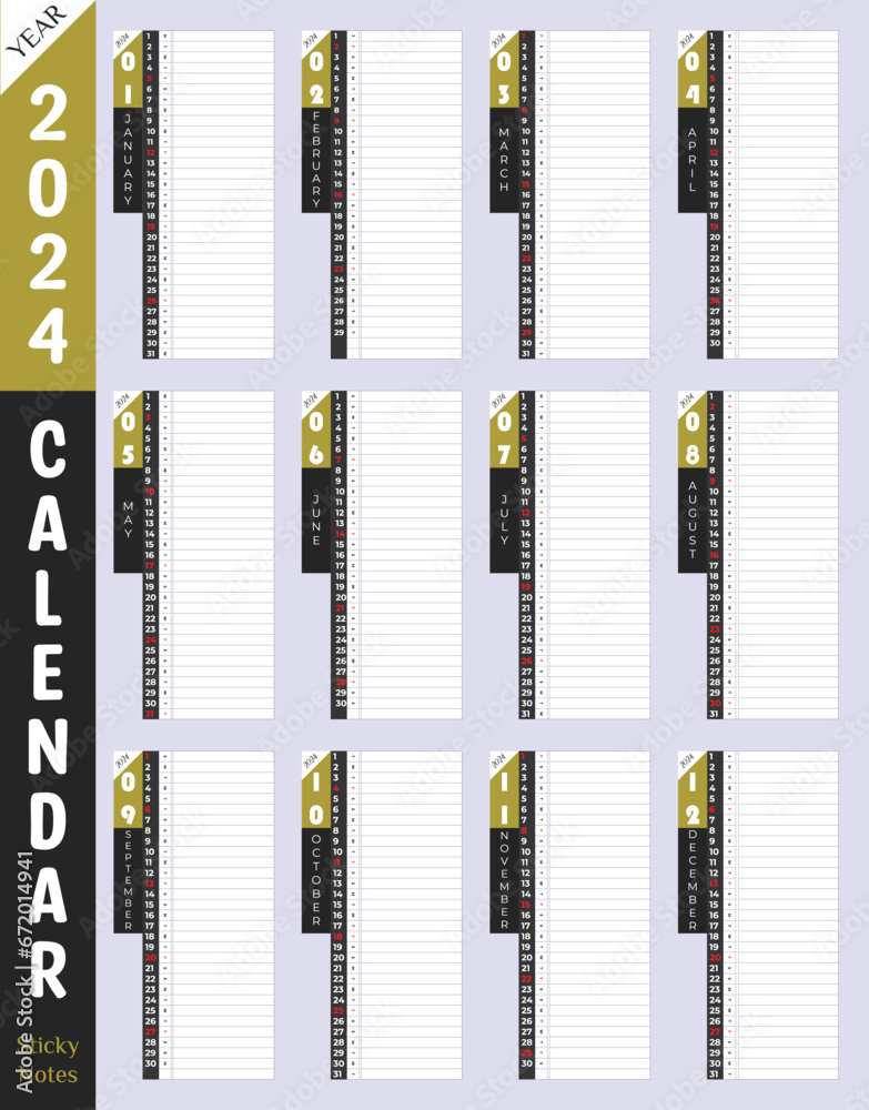 2024 Calendar premium wall or desk printable with day planner sticky ...