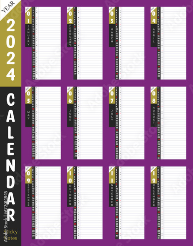 2024 Calendar premium wall or desk printable with day planner sticky note column. Nice purple color background. Use as productivity tools. Best unique corporate vector notes planner template.