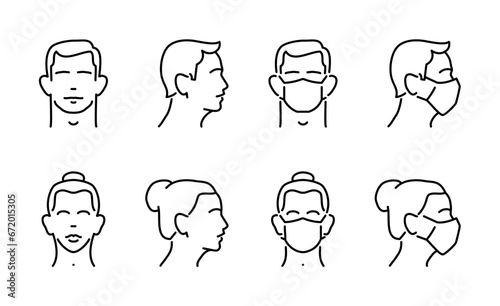 Male and female face in medical mask, front and side view (profile). Health care concept Set of vector linear man and woman icons.