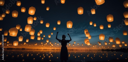 Floating lantern with flame in the night sky background.