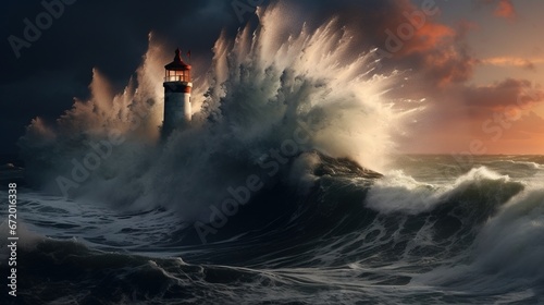 Un faro en el mar siendo golpeado por enormes olas en un día de tormenta