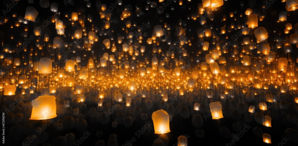 Floating lantern with flame in the night sky background.