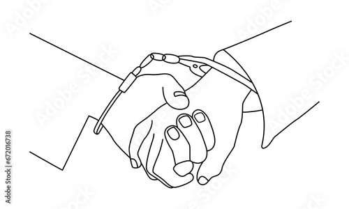 Business partners shake and while handcuffed line art vector.