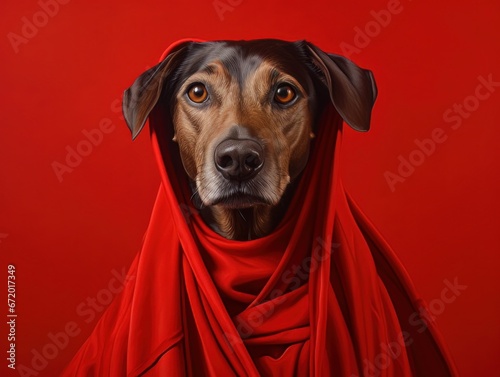 Superhero rescue dog in a red cloak on red background isolated AI © Vitalii But