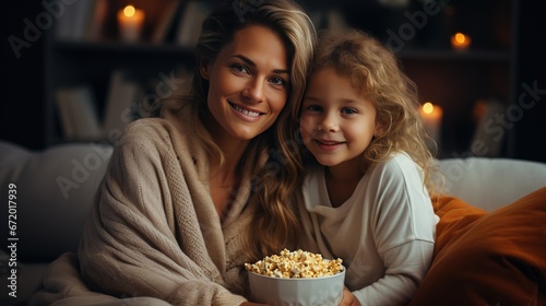 Mother and daughter are sitting on the cozy sofa with bowls of popcorn  getting ready to watch a movie together happy time