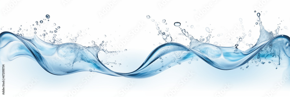 Horizontal water banner with wave effect, 3:1 resolution, blue color, water drops, space for text - obrazy, fototapety, plakaty 