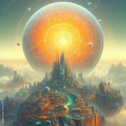 A fantastical cityscape with a large orange sun in the background