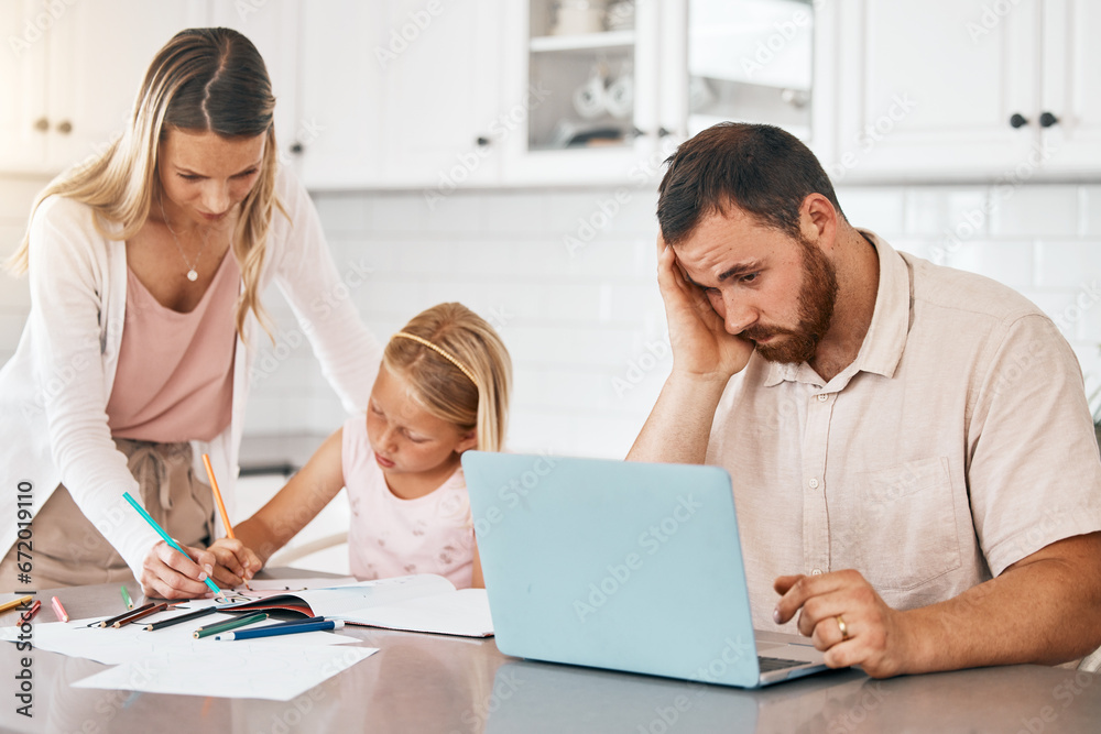 Student writing homework in book with mother, people looking stressed working on tech laptop and family suffering with quarantine stress. Parent teaching girl education and man sitting with headache Student writing homework in book with mother, people looking stressed working on tech laptop and family suffering with quarantine stress. Parent teaching girl education and man sitting with headache