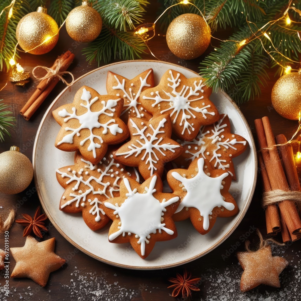 A festive setting with a plate of gingerbread cookies that are star and snowflake shaped with white icing, on a wooden table with pine branches, gold ornaments, and cinnamon sticks, and warm, yellow s A festive setting with a plate of gingerbread cookies that are star and snowflake shaped with white icing, on a wooden table with pine branches, gold ornaments, and cinnamon sticks, and warm, yellow s