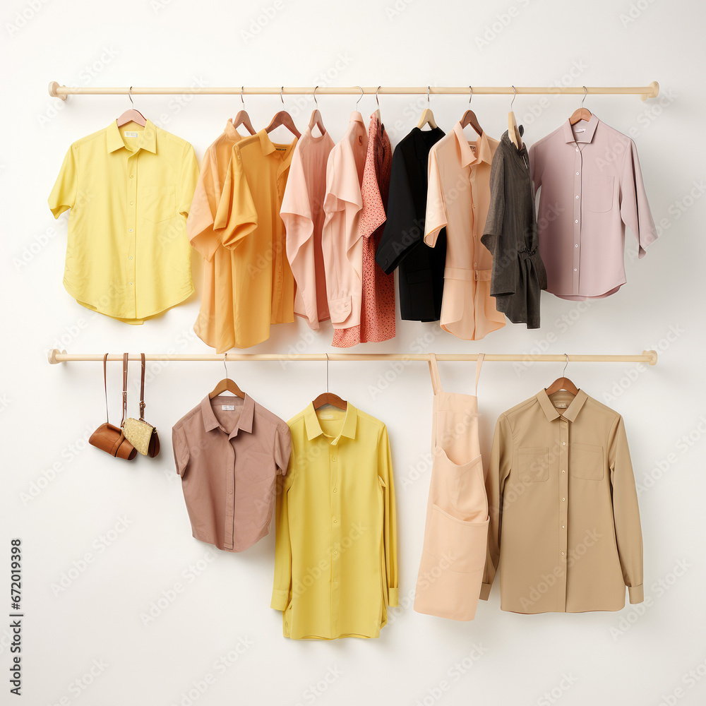 Multiple colorful shirts are hanging on a rack, fashion clothes, Generative Ai. Multiple colorful shirts are hanging on a rack, fashion clothes, Generative Ai.