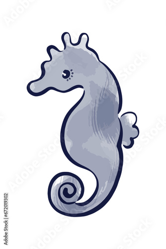 筆、水墨画タッチのタツノオトシゴの和風イラスト Brush and Sumi-e Style Japanese,Ink painting Illustration of Seahorses 