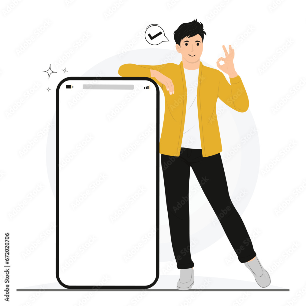 Flat vector man showing blank phone screen with ok sign Flat vector man showing blank phone screen with ok sign