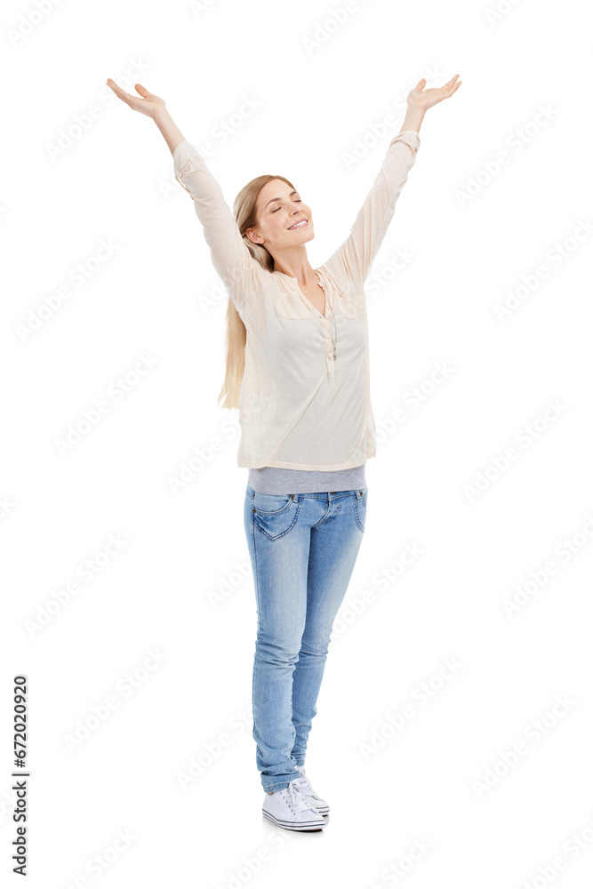 Isolated woman, celebration and hands in air with smile, eyes closed and stretching by transparent png background. Winner girl, happy and thinking with goals, achievement and excited for vision Isolated woman, celebration and hands in air with smile, eyes closed and stretching by transparent png background. Winner girl, happy and thinking with goals, achievement and excited for vision