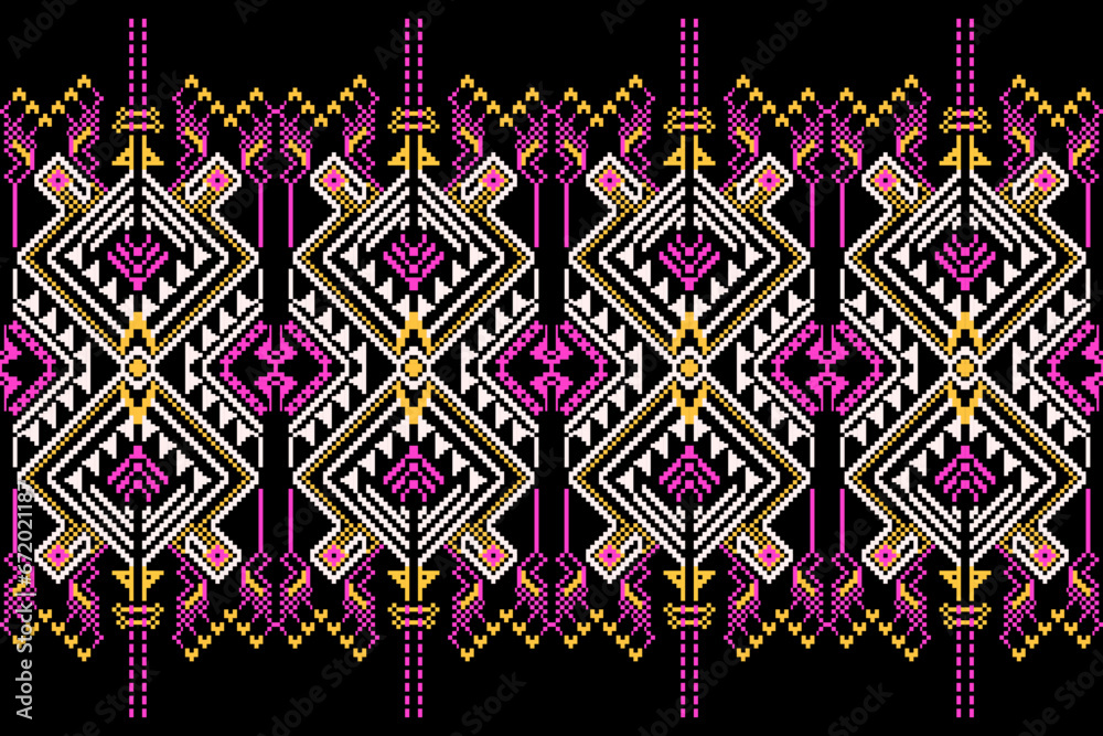 seamless knitted pattern. Ethnic pattern designs, ethnic pattern graphics, geometric shapes and flowers are used for weaving. clothing,fabric, embroidery style illustration, Ethnic abstract pixel art