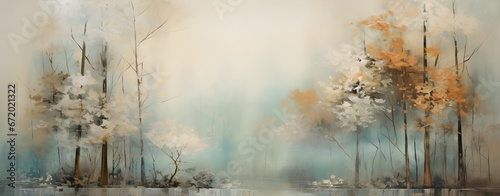 atmospheric painting of the woodland landscape in fog, a picturesque forest environment in soft natural colours © sam