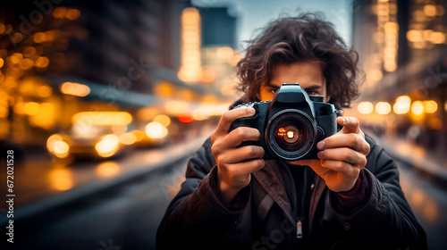 Street photographer using a camera for taking photos.