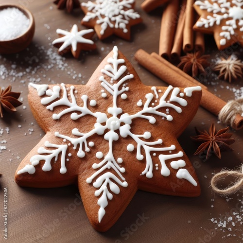 A gingerbread cookie in the shape of a star decorated with white icing in a snowflake pattern