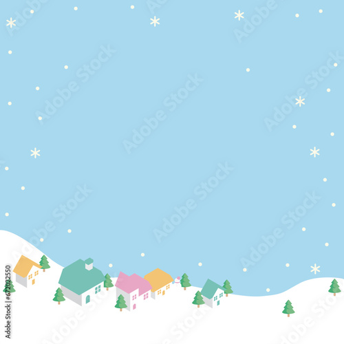 アイソメトリック　冬　フレーム　背景　街並み　雪景色　シンプル　コピースペース　デザイン　イラスト