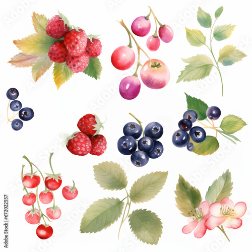 Berries in watercolor collection with flower and leaf with branch