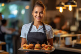 A happy waitress holding burgers at restaurant.
