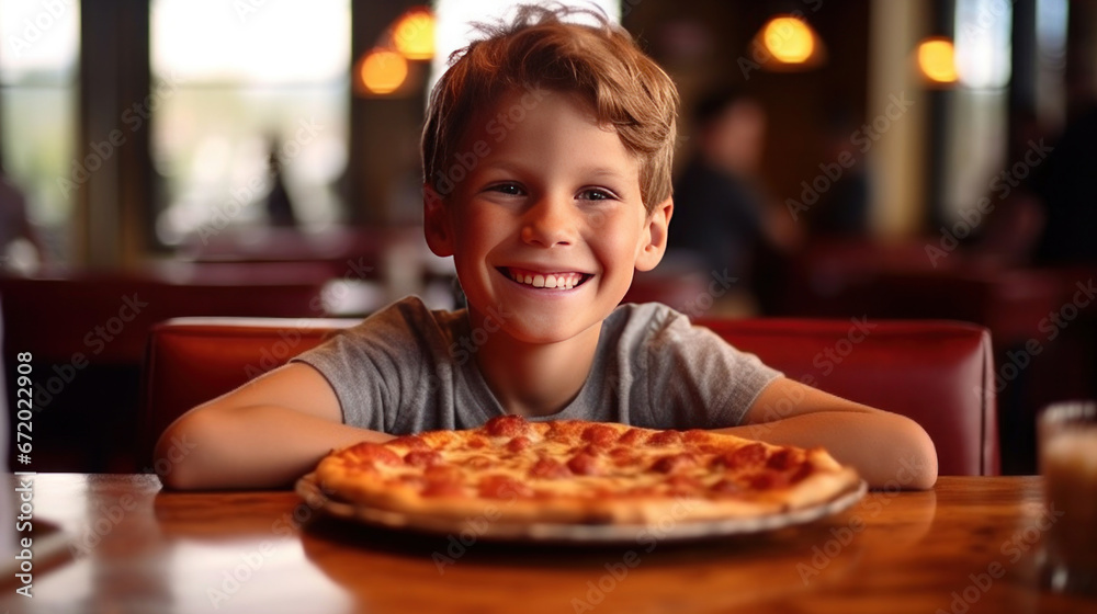American happy boy sitting at table with tasty crunchy fresh pizza.