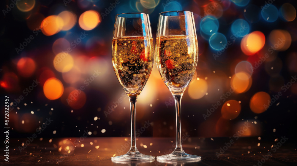 A two glass of sparkling wine on a colorful confetti on blur festive background A two glass of sparkling wine on a colorful confetti on blur festive background