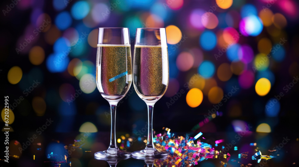 A two glass of sparkling wine on a colorful confetti on blur festive background A two glass of sparkling wine on a colorful confetti on blur festive background