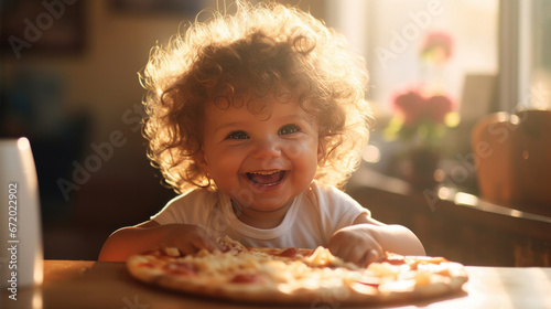 American happy baby toddler sitting at table with tasty crunchy fresh pizza.