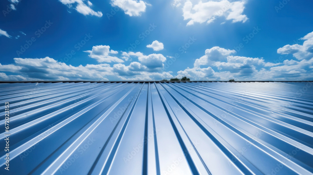 Roof metal sheet with blue sky with clouds. - obrazy, fototapety, plakaty 