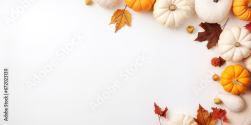 Autumn cozy composition with white pumpkins  autumn leaves on white background.