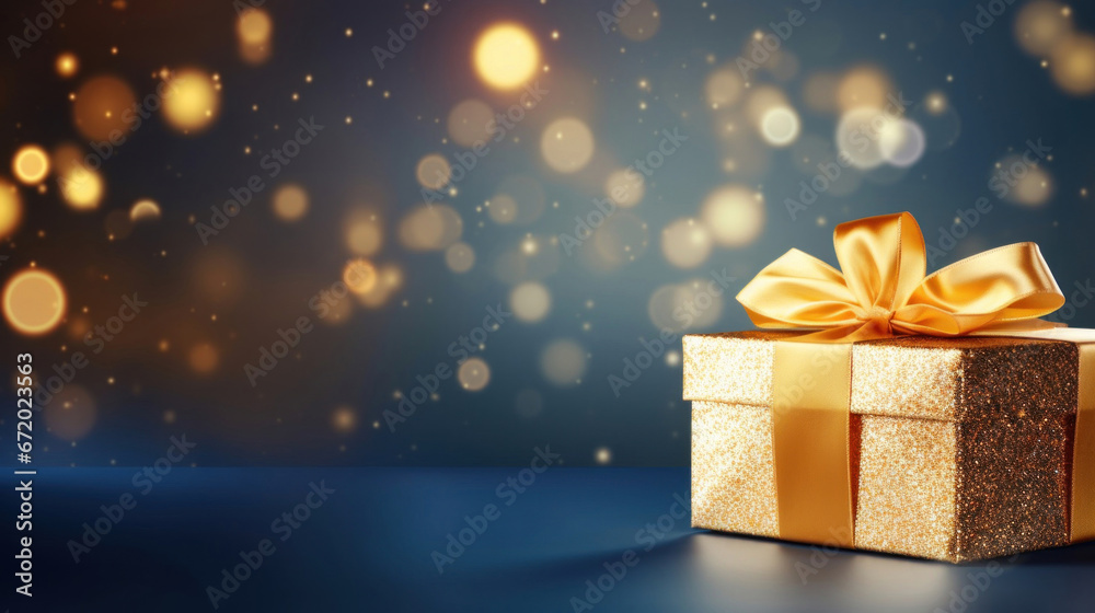 Golden gift present on a light dark blue background with colorful bokeh and stars glittering Golden gift present on a light dark blue background with colorful bokeh and stars glittering